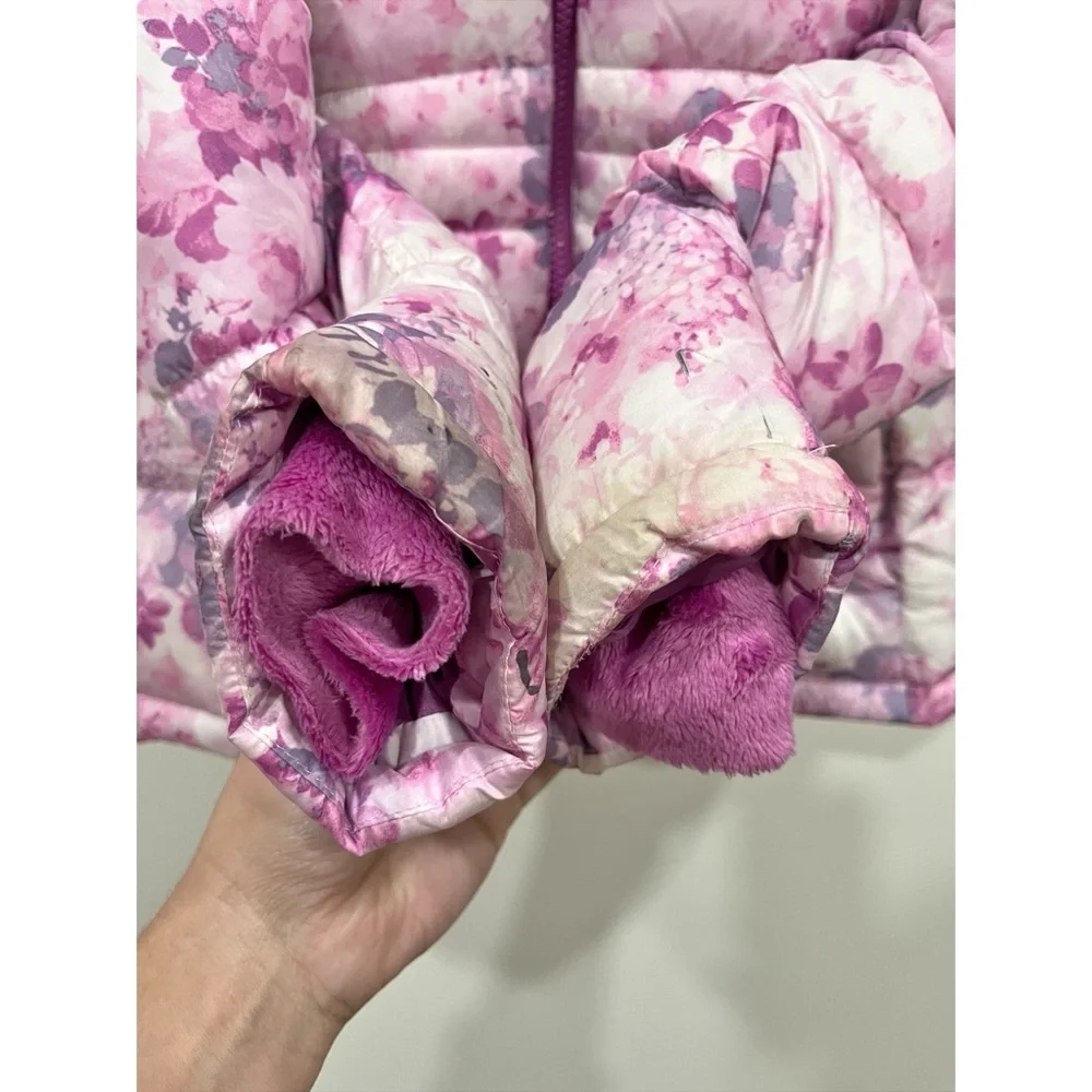 SO Girls Floral Puffer Jacket Faux Fur Hood Pink Purple Size 10/12
